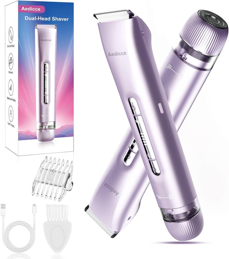 Aedicce Bikini Trimmer for Women 2 in 1, Dual Head Womens Electric Shaver, Electric Razors for Pubic Hair, IPX7 Waterproof Rechargeable Facial Hair Removal for Shaving Underarm Leg Arm Body Face, Purple - Image 1